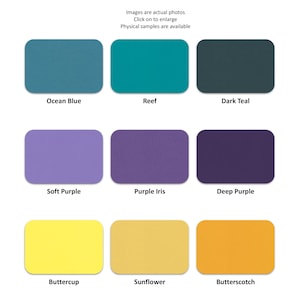 May include: A color palette chart featuring nine rectangular swatches arranged in three rows. The colors include Ocean Blue, Reef, Dark Teal, Soft Purple, Purple Iris, Deep Purple, Buttercup, Sunflower, and Butterscotch, each labeled below.