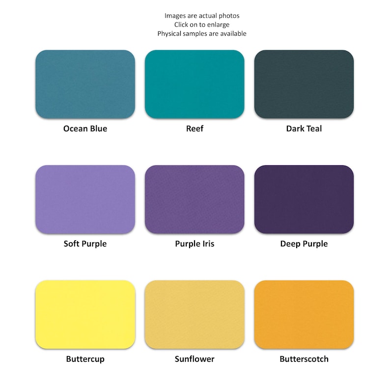 May include: A color palette chart featuring nine rectangular swatches arranged in three rows. The colors include Ocean Blue, Reef, Dark Teal, Soft Purple, Purple Iris, Deep Purple, Buttercup, Sunflower, and Butterscotch, each labeled below.