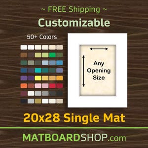 May include: A 20x28 inch single mat board with a customizable opening size. The display features a grid of 50+ color swatches in various shades, a white mat frame with a central rectangular cutout, and text reading Customizable and Any Opening Size.