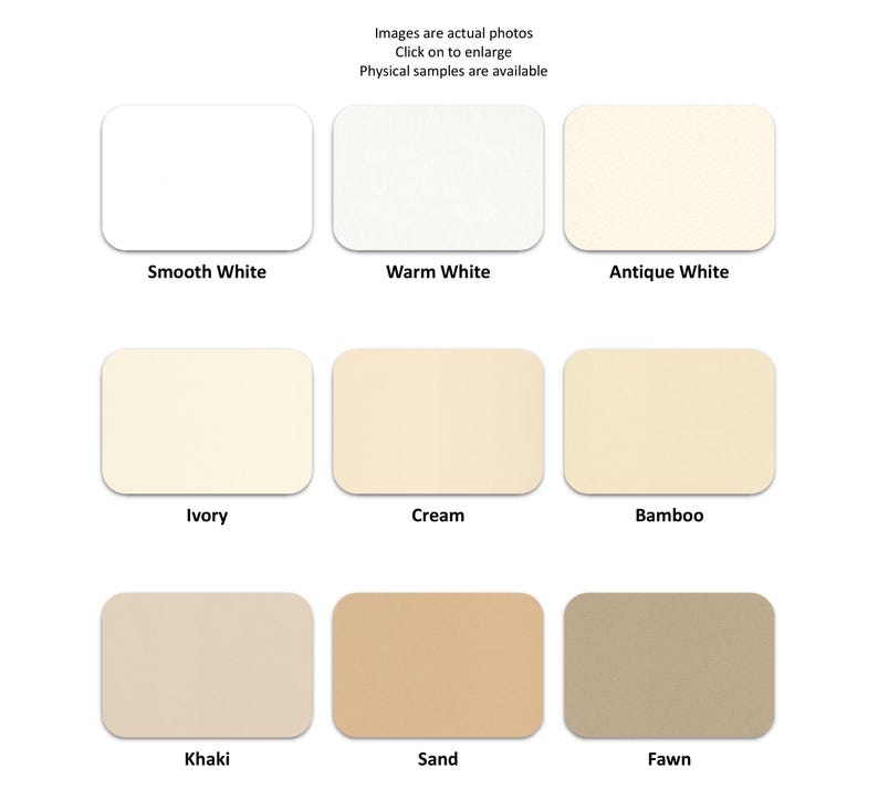 Puede incluir: Una tabla de colores con nueve muestras rectangulares etiquetadas como Smooth White, Warm White, Antique White, Ivory, Cream, Bamboo, Khaki, Sand y Fawn. Los colores van desde el blanco brillante hasta tonos beige, arena y marr&oacute;n claro.