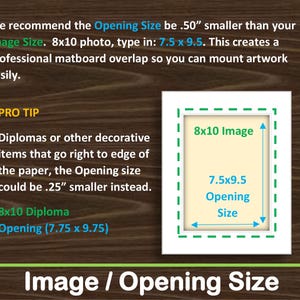 Pode incluir: Um gr&aacute;fico instrutivo sobre o tamanho de paspatur com texto explicando que o tamanho da abertura deve ser 0,50 polegadas menor que o tamanho da imagem. Inclui um diagrama de um paspatur branco com uma imagem 8x10 e abertura 7,5x9,5.
