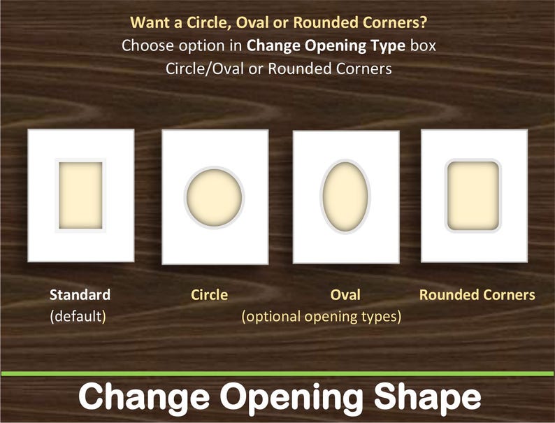 May include: Four white rectangular mats with different center cutouts: standard rectangle, circle, oval, and rounded corners. Text reads: Want a Circle, Oval or Rounded Corners? Choose option in Change Opening Type box. Change Opening Shape.