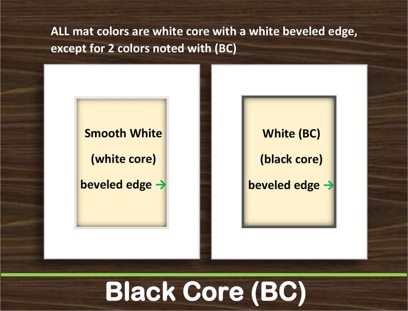 Pode incluir: Dois passe-partouts retangulares com aberturas centrais. O da esquerda &eacute; branco com uma borda chanfrada branca rotulada como Smooth White (white core). O da direita &eacute; branco com uma borda chanfrada preta rotulada como White (BC) (black core). O texto indica que todos os passe-partouts t&ecirc;m n&uacute;cleo branco, exceto os marcados com (BC).