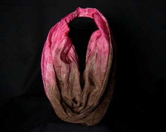 Infinity scarf- Hand dyed 100% silk infinity scarf-"Flamingo Pink and Teddy Bear Brown"