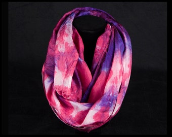 Infinity scarf- Hand dyed 100% silk infinity scarf-"Flamingo Pink, White, Purple"