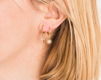 Earrings SET · Pair Zirconia pave cross charm hoops + single sun charm hoop earring , 24K gold plated stainless steel · boho · mismatched