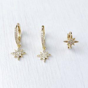 SET pendientes aro estrella de los vientos · Plata 925 baño oro 18K, circonita · Set mini pendientes aro piercing combinable segundo agujero