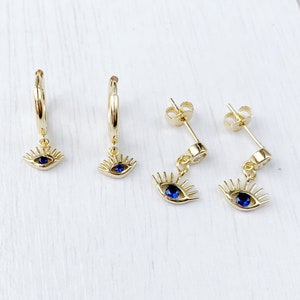 SET Pendientes ojos turcos · Plata 925 baño oro 18K, circonita azul marino · Set mini pendientes aro piercing · Segundo agujero · Boho