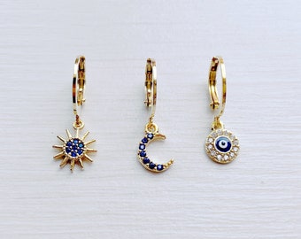 SET navy blue pave mismatched moon + sun + evil eye charm trio hoop earrings, 24K gold plated stainless steel · boho jewelry · amulet charm