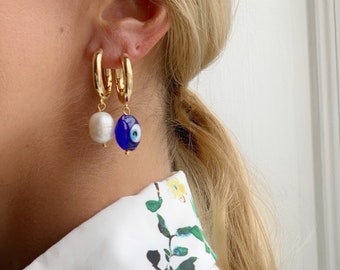 Mix and match thick hoop  chunky gold plated earrings with freshwater pearl / lampwork murano evil eye beads· 18k gold plated hoop earrings