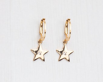 Star charm hoop earrings, 24Kt gold plated stainless steel · boho jewelry · star pendant · trend · bohemian · amulet · dainty · minimal