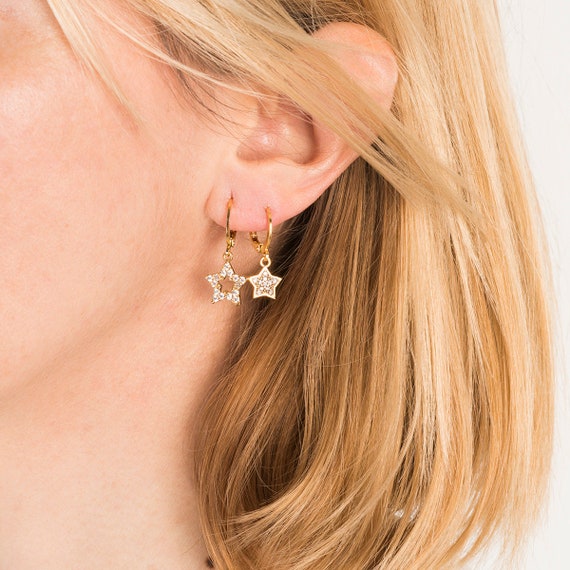 Earrings SET· Pair Zirconia Pave Star Charm Hoops Single Tiny