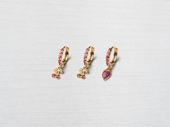 strawberry,Earrings enamel pendant Gift for girls Earrings 24k gold plated charm cherry