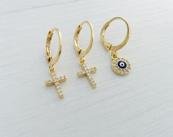 Earrings SET · Pair zirconia cross charm hoops + single evil eye charm hoop earring , 24Kt gold plated stainless steel · mismatched · boho