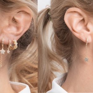 SET pendientes aro estrellas · Plata 925 baño oro 18K, circonita · Set mini pendientes aro celestial piercing combinables segundo agujero