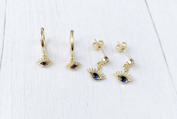 Pair of 925 Sterling Silver Evil Eye Dangle Minimal Hoop Earrings Pair of 925 Sterling Silver Evil Eye Dangle Minimal Hoop Earrings