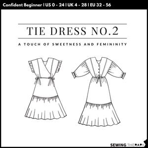 Puede incluir: Dibujo en blanco y negro de dos vestidos anudados. El texto "TIE DRESS NO.2" está encima de los vestidos, con "A TOUCH OF SWEETNESS AND FEMININITY" debajo. El rango de tallas es US 0-24, UK 4-28 y EU 32-56. La esquina inferior derecha tiene el texto "SEWING THERAPY".
