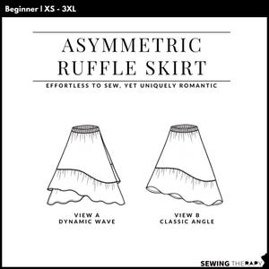 Puede incluir: Un patrón de costura para una falda asimétrica con volantes en tallas de la XS a la 3XL. El texto dice Beginner, Asymmetric Ruffle Skirt, Effortless to sew, yet uniquely romantic, View A Dynamic Wave, View B Classic Angle y Sewing Therapy.