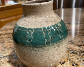 Green Petroglyphs On Raku Fired Medium Bottle