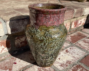 Tall Flower Vase Ash Glaze Green and Red