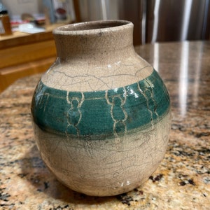 Green Petroglyphs On Raku Fired Medium Bottle