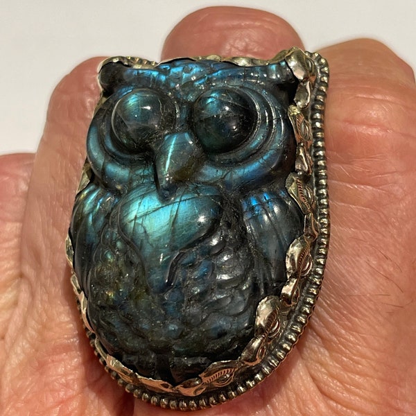 Hand Carved Nepalese Labradorite Owl Ring adjustable