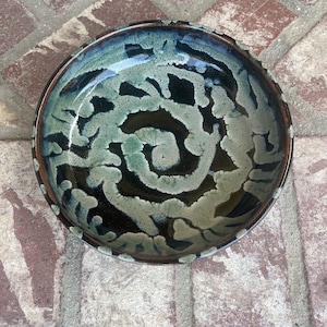 Handmade Medium Size low profile Black and Green Ceramic food serving bowl