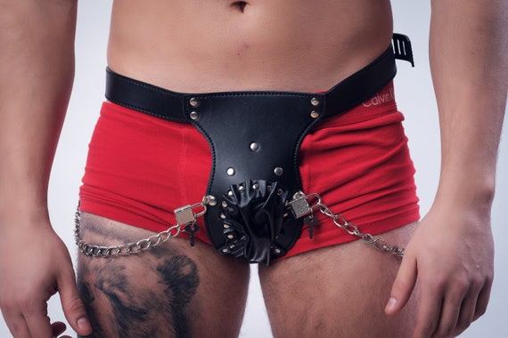 BDSM Men's PU Leather Bondage Male Chastity Belt Underwear Harness Thong  Panties