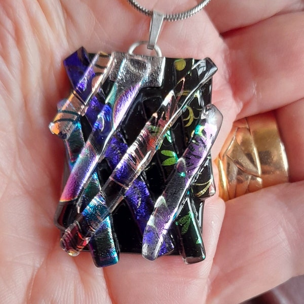 Dichroic glass kiln fused pendant,UK handcrafted, fairy pendant black base glass,18" stainless steel snake chain, gift, unique, gift boxed.