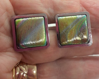 Unique dichroic cufflinks, black glass base,rainbow patterned glass,kiln fired,artisan, unique, UK,one off, gift boxed.