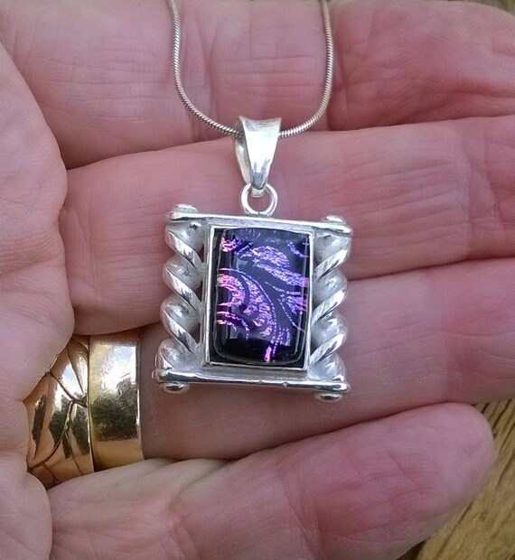 Heavy Sterling Silver Frame With Pink Gold Dichroic Glass - Sterling Picture Frame Pendant Heavy Sterling Silver Frame With Pink Gold Dichroic Glass - Sterling Picture Frame Pendant