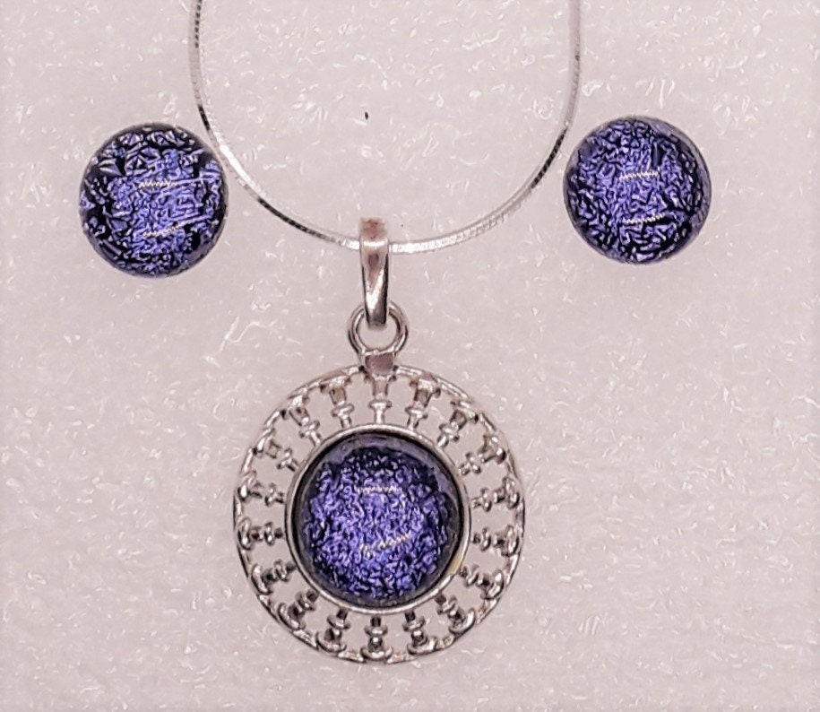 Sterling Silver Blue Dichroic Glass Earrings & 18in Necklace Set