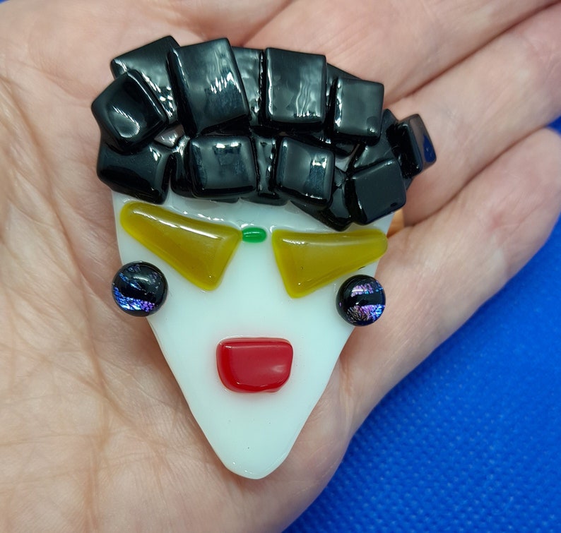 Fused Glass Chic Black Hair Lady Head Opaque Brooch,fun,diva,safety