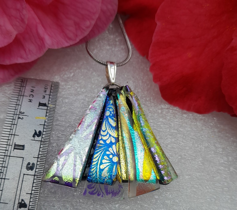 Large Kiln Fused Multi Patterned Dichroic Triangular Pendant, Stainless ...