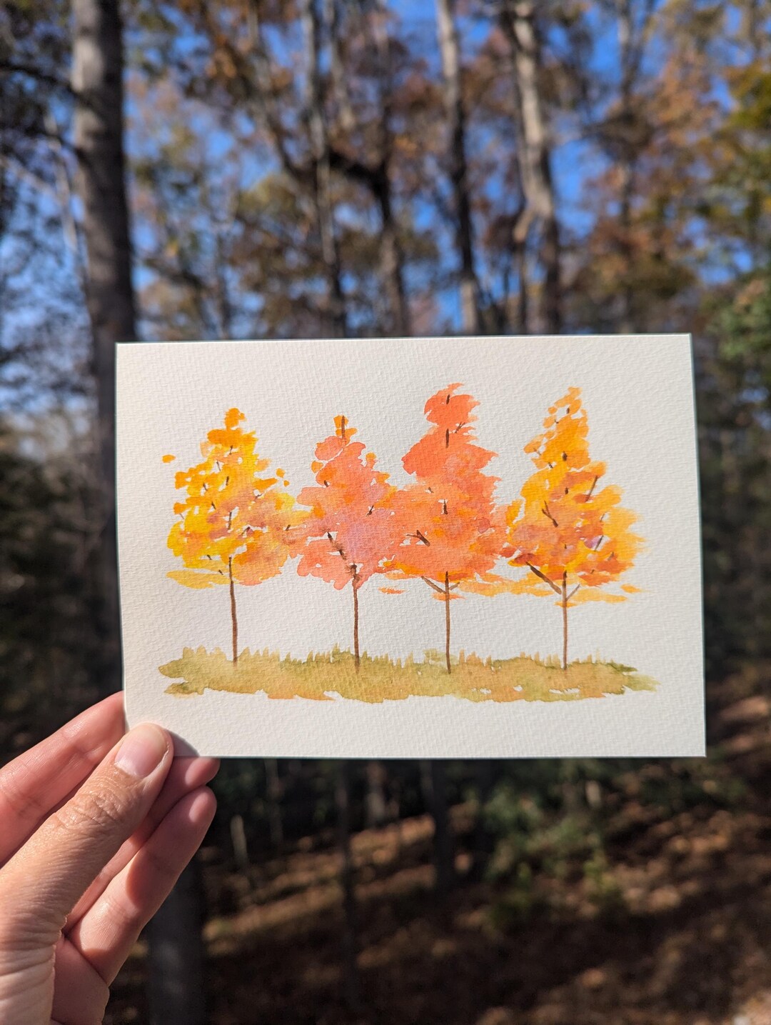 Hand Painted Autumn Trees Watercolor Greeting Card | Blank 5x7 With ...