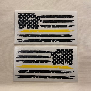 Set of 2 Distressed Tattered USA American Flag with 911 Dispatcher Yellow Line Vinyl Decal Sticker for Jeep Truck Car Window YETI Cooler