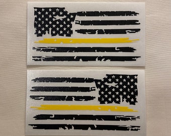 Set of 2 Distressed Tattered USA American Flag with 911 Dispatcher Yellow Line Vinyl Decal Sticker for Jeep Truck Car Window YETI Cooler