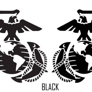 May include: Black and white silhouette of the United States Marine Corps emblem, featuring an eagle, globe, and anchor.