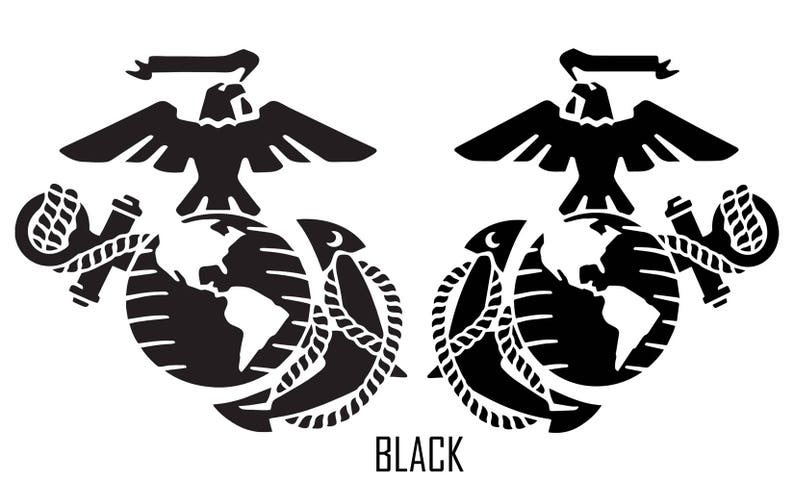 May include: Black and white silhouette of the United States Marine Corps emblem, featuring an eagle, globe, and anchor.