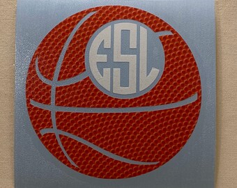 Calcomanía de vinilo con monograma circular de baloncesto y estampado de hoyuelos.