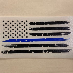 Police Policeman Distressed Tattered USA American Flag Thin Blue Line Black or Gray Vinyl Decal Sticker for Jeep Truck Car Window