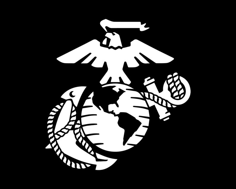 Puede incluir: Una silueta blanca del emblema del Cuerpo de Marines de los Estados Unidos. El emblema presenta un &aacute;guila con las alas extendidas, un globo terr&aacute;queo y un ancla.