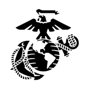 Puede incluir: Silueta en blanco y negro del emblema del Cuerpo de Marines de los Estados Unidos. El emblema presenta un &aacute;guila con las alas extendidas, un globo terr&aacute;queo y un ancla.