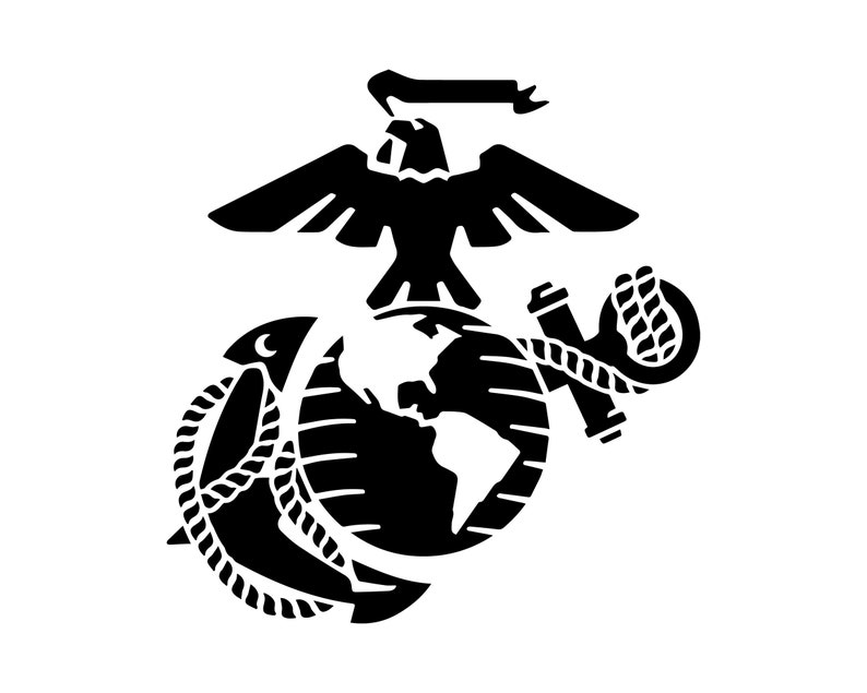 Puede incluir: Silueta en blanco y negro del emblema del Cuerpo de Marines de los Estados Unidos. El emblema presenta un &aacute;guila con las alas extendidas, un globo terr&aacute;queo y un ancla.