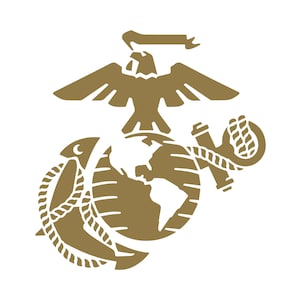 Puede incluir: Un &aacute;guila dorada con las alas extendidas, posada sobre un globo con una cuerda envuelta alrededor. El globo est&aacute; rodeado por un ancla y un ca&ntilde;&oacute;n, simbolizando el Cuerpo de Marines de los Estados Unidos.
