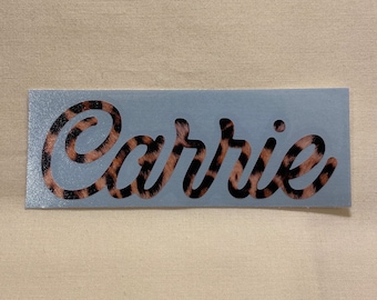 Pegatina de vinilo con texto personalizado y estampado de leopardo auténtico.