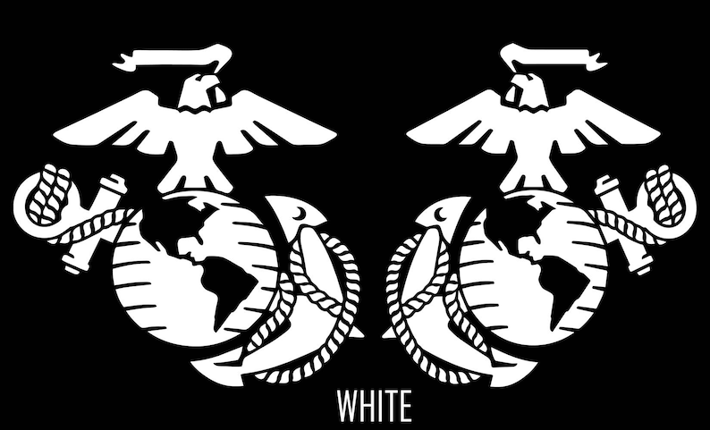 May include: A black and white image of the United States Marine Corps emblem, featuring a globe, an eagle, and an anchor. The emblem is centred on a black background with the word "WHITE" printed below it.
