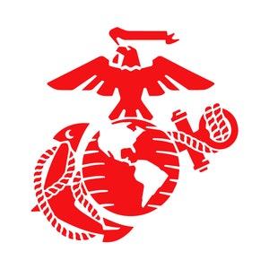 Puede incluir: Emblema rojo del Cuerpo de Marines de los Estados Unidos, con un &aacute;guila posada sobre un globo terr&aacute;queo con un ancla envuelta alrededor.