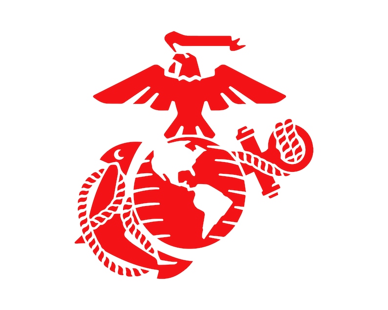 Puede incluir: Emblema rojo del Cuerpo de Marines de los Estados Unidos, con un &aacute;guila posada sobre un globo terr&aacute;queo con un ancla envuelta alrededor.