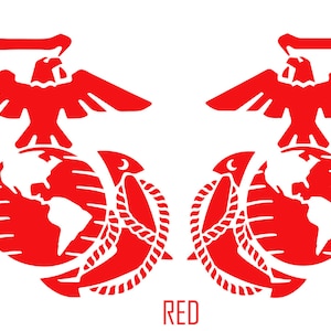 May include: Two red United States Marine Corps emblems featuring a globe, anchor, and eagle. The text "RED" is below the emblems.